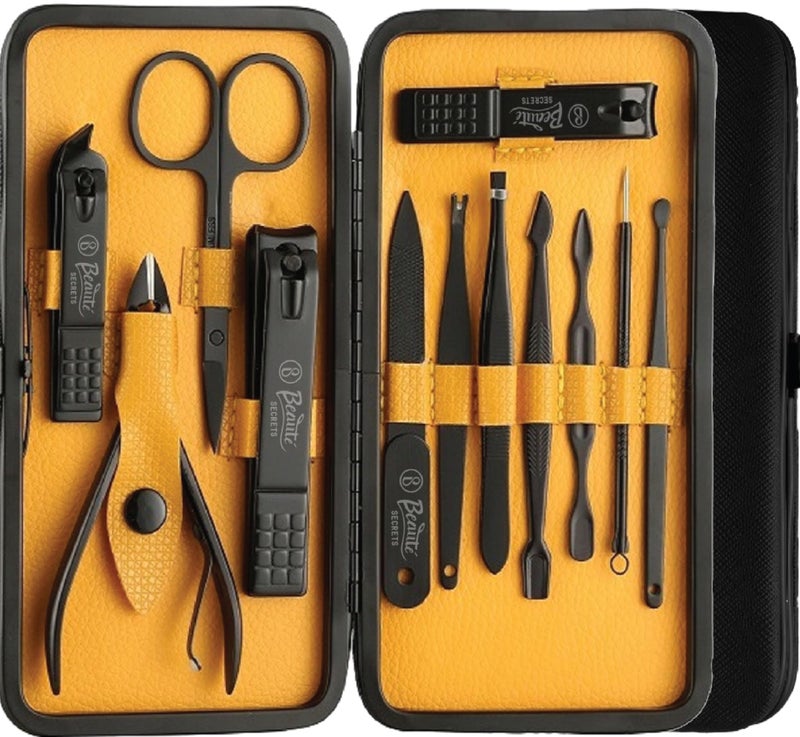 Beauté Secrets Essentials Manicure Set Nail Clippers, Stainless Steel Nail Scissors Grooming Kit, Acne needle, Blackhead Tool Leather Travel Case (Yellow) - Image 1