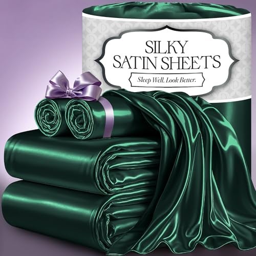 DECOLURE Satin Bed Sheets 4 Piece Luxury Silky King Size Bedding Set Softer Than Silk WrinkleFree with 15 Deep Pocket Fitted Sheet Perfect for Hair Skin Gifts for Women Dark Green - Image 1