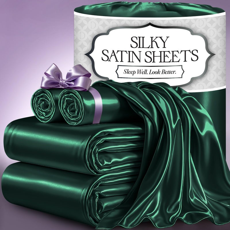 DECOLURE Satin Bed Sheets 4 Piece Luxury Silky King Size Bedding Set Softer Than Silk WrinkleFree with 15 Deep Pocket Fitted Sheet Perfect for Hair Skin Gifts for Women Dark Green - Image 2