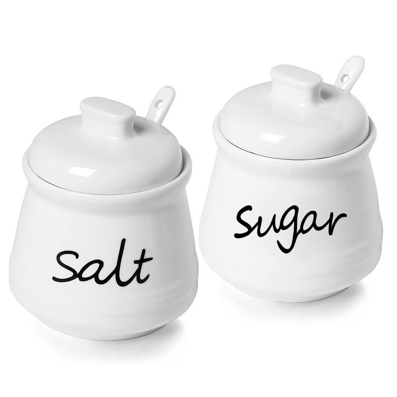 ONTUBE 12oz Sugar and Salt Bowls with Lid and Spoon Ceramics Condiment PotsSeasoning Jar Spice Container for KitchenDishwasher Safe White