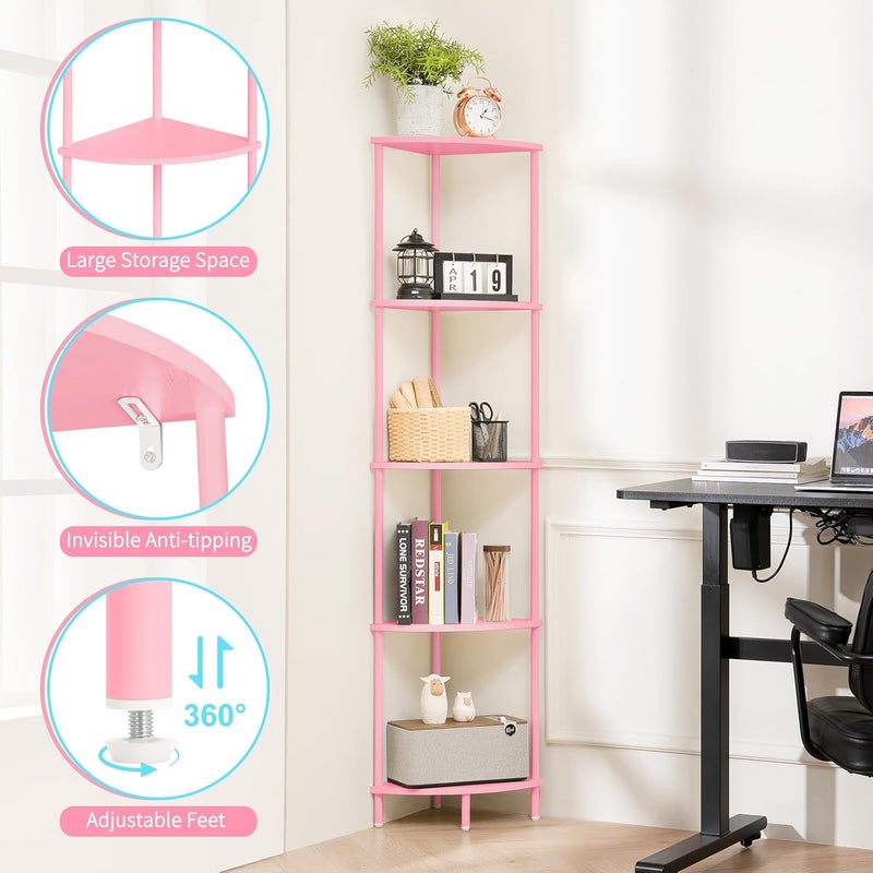 Yoobure Corner Shelf Stand, 5-Tier Bookshelf, 65" Tall Shelves for Bedroom, Living Room, Narrow Display Bookcase, Pink with Display Shelves for Office - Image 3