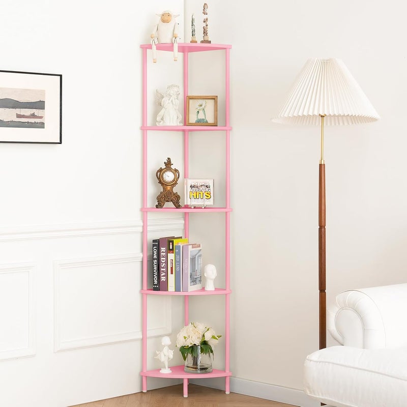 Yoobure Corner Shelf Stand, 5-Tier Bookshelf, 65" Tall Shelves for Bedroom, Living Room, Narrow Display Bookcase, Pink with Display Shelves for Office - Image 1
