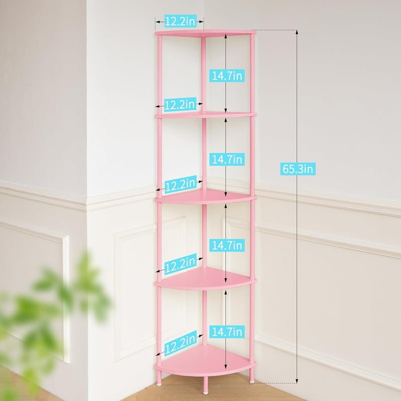 Yoobure Corner Shelf Stand, 5-Tier Bookshelf, 65" Tall Shelves for Bedroom, Living Room, Narrow Display Bookcase, Pink with Display Shelves for Office - Image 2