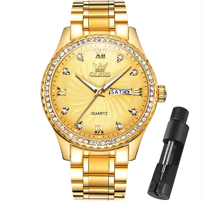 OLEVS Gold Watches for Men Watch Men Mens Watches relojes para Hombres Day and Date Stainless Steel Diamond Dress Luxury Big Face Watch Men Gold Color Tone Business Waterproof Lightweight Watches - Image 1