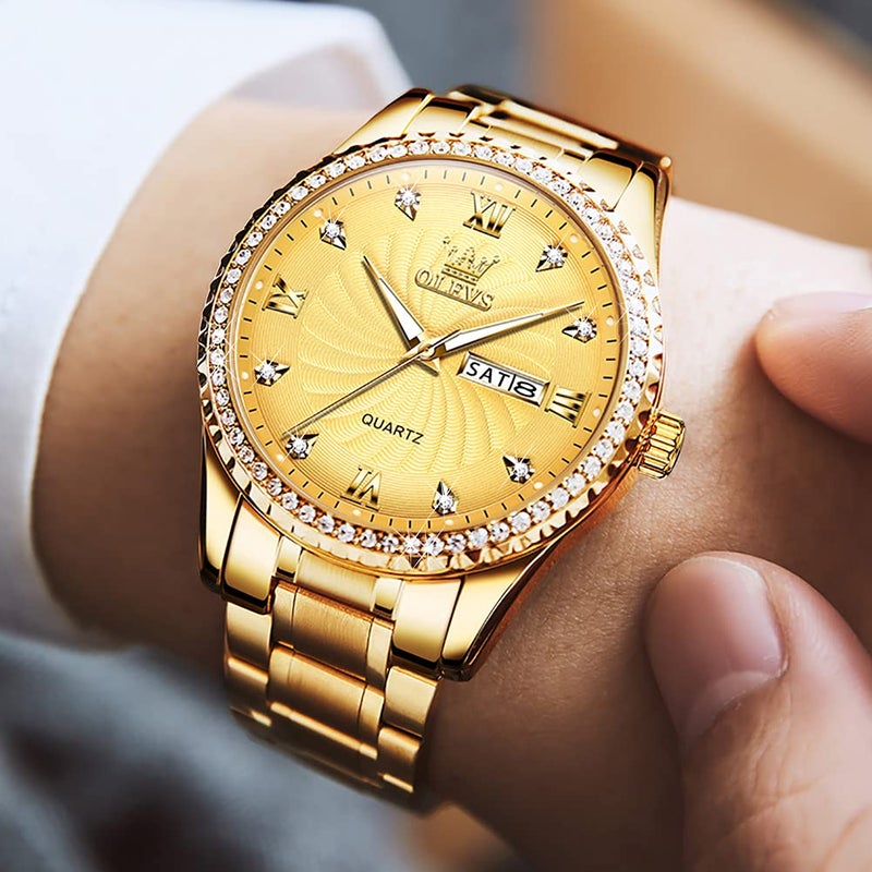 OLEVS Gold Watches for Men Watch Men Mens Watches relojes para Hombres Day and Date Stainless Steel Diamond Dress Luxury Big Face Watch Men Gold Color Tone Business Waterproof Lightweight Watches - Image 3