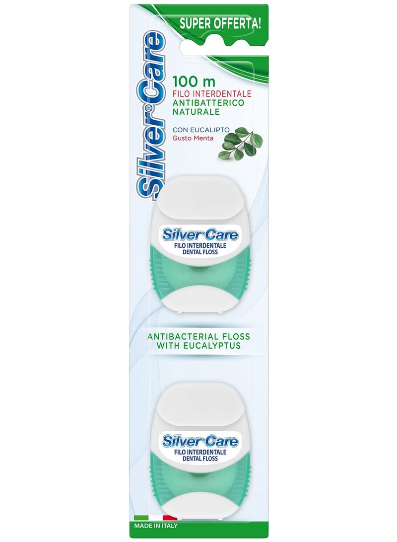 Silver Care خيط الأسنان المضاد للبكتيريا من سيلفر كير بنكهة الأوكاليبتوس 100م - إزالة البلاك، العناية باللثة، نفس منعش - عبوة من 2 - Image 1
