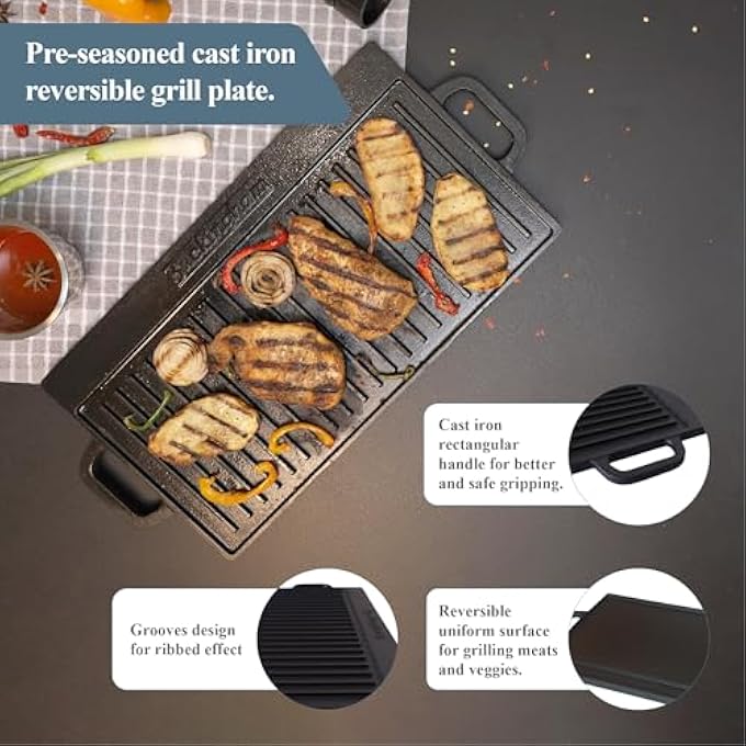 Buckingham PreSeasoned Cast Iron Reversible Plate Grill Pan Griddle 51 Cm X 23 Cm Black - Image 5