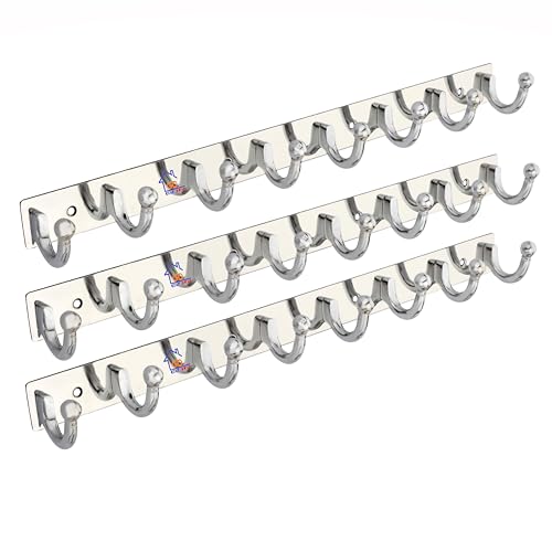 GHAR DWAR Heavy Duty Goli Stainless Steel Cloth Hanger Suitable for Bathroom Bedroom Kitchen Wall Hook Rail Hanging Scarf, Coat,Keys Tie Clothes Towel Door Robe Hanging (Pack of 3, Silver 8 Hook) - Image 1