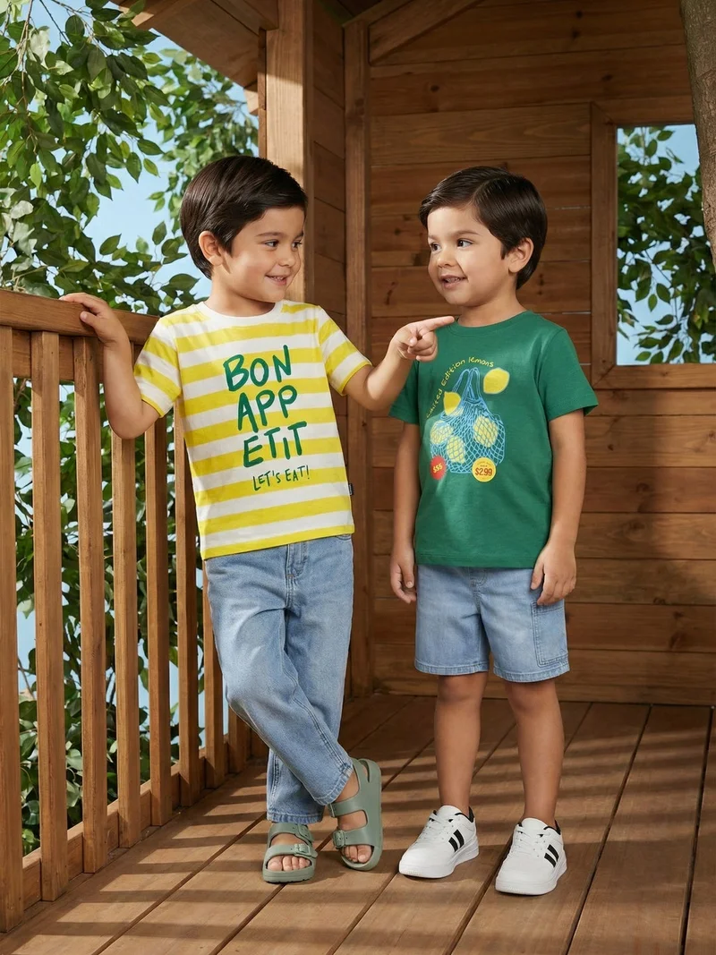 نوتيناتي Nautinati Boys' 100% Cotton Pack of 2 Striped &  Graphic Crew Neck T-shirts