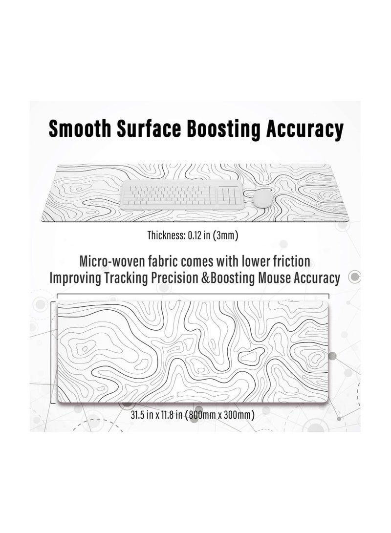 XL Gaming Mouse Pad | Minimalist Topographic Design | Stitched Edges & Anti-Slip Base | Extended Desk Mat for Keyboard & Mouse (31.5 x 11.8 in, White) - Image 2