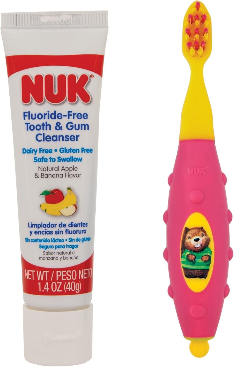 NUK Toddler Tooth and Gum Cleanser with 1.4 Ounce Fluoride-Free Toothpaste - Natural Apple & Banana Flavor - Image 2