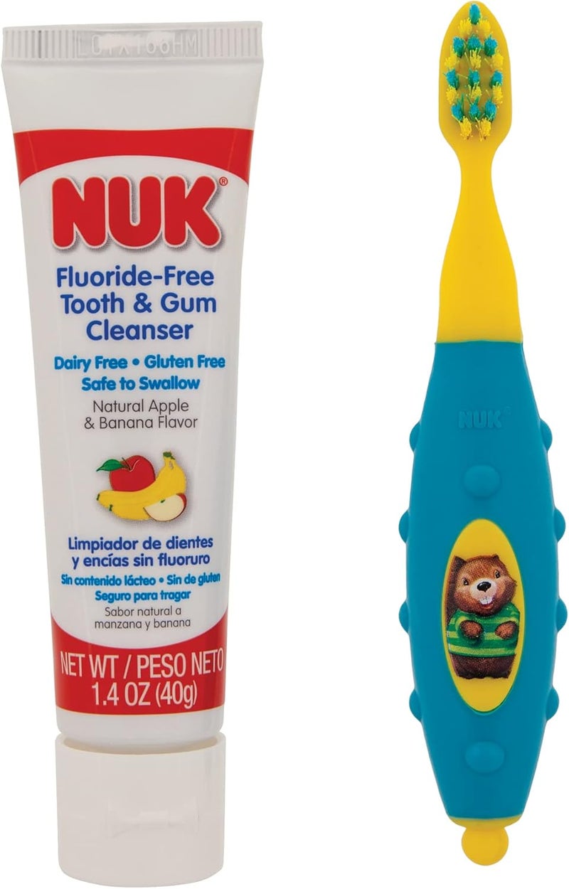 NUK Toddler Tooth and Gum Cleanser with 1.4 Ounce Fluoride-Free Toothpaste - Natural Apple & Banana Flavor - Image 1