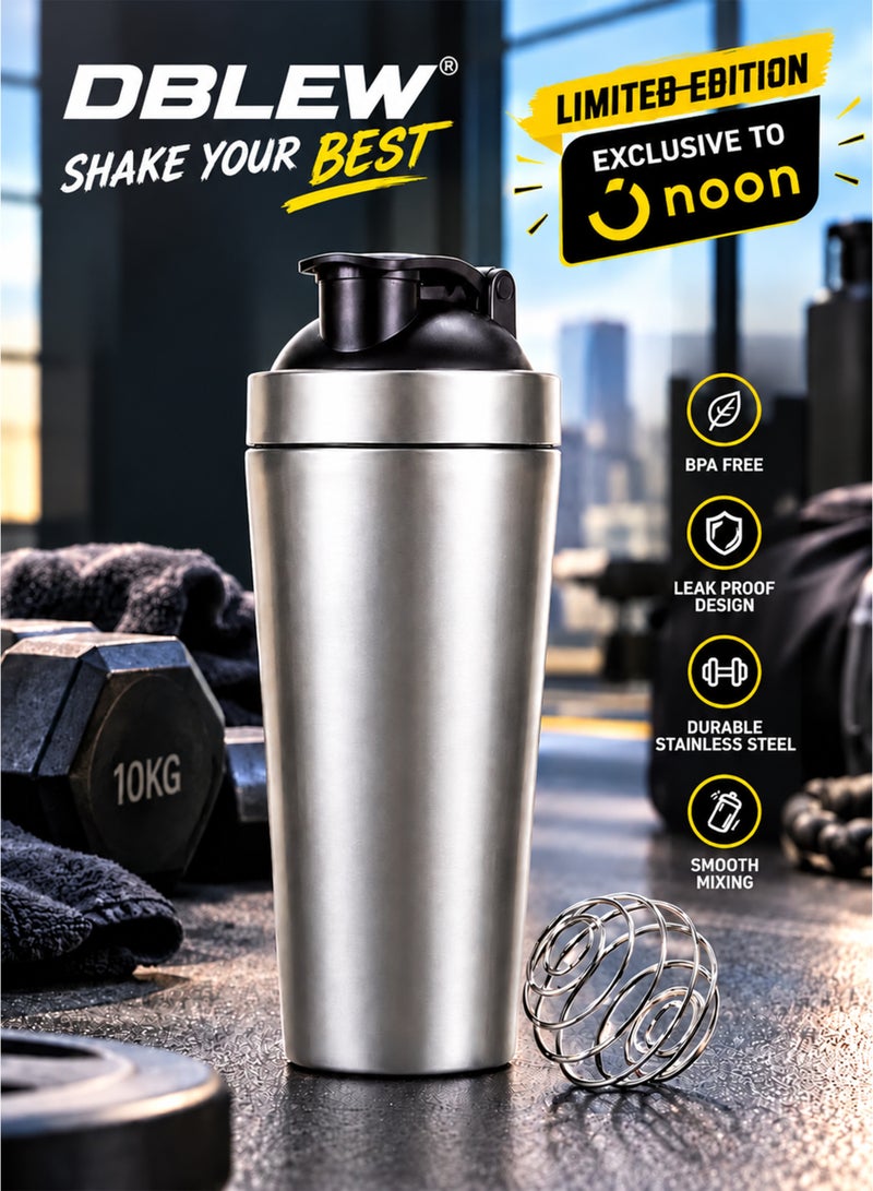 dblew SPORT-X Stainless Steel Protein Shaker Bottle, 739 ml (25 oz) with Mixing Ball and Leak-Resistant Locking Lid, Silver - Image 1