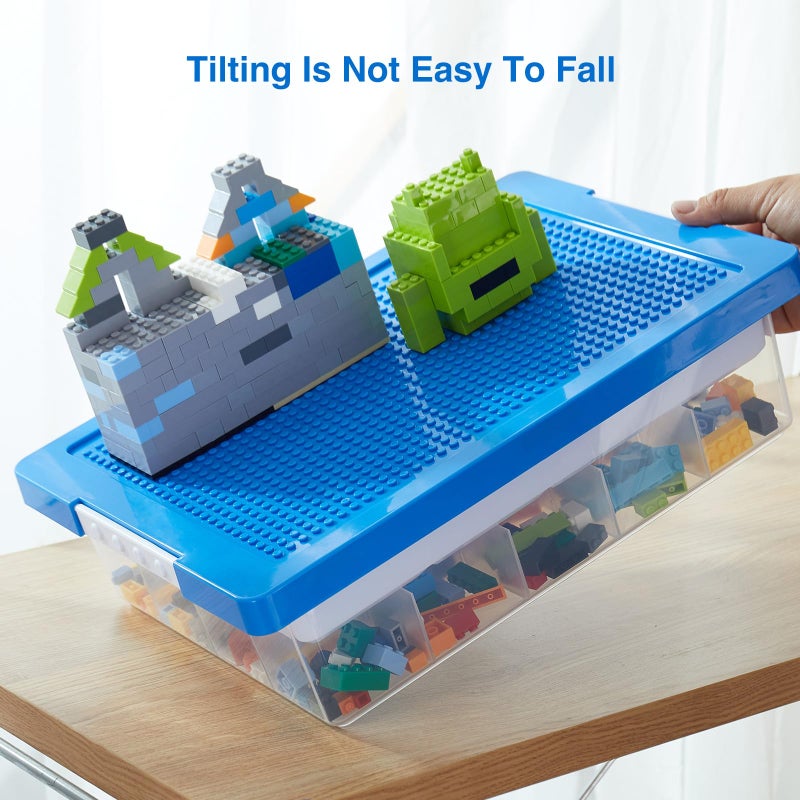 MACOPRO Toys Storage Organizer Box for Lego, Toy Box with Building Plate Lid and Removable Tray, Building Block Storage, Stackable Plastic Organizer Bins (Blue-1Pack) - Image 5