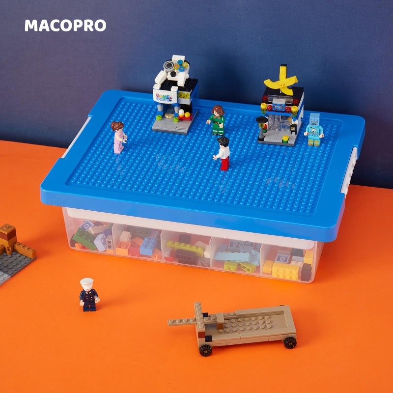 MACOPRO Toys Storage Organizer Box for Lego, Toy Box with Building Plate Lid and Removable Tray, Building Block Storage, Stackable Plastic Organizer Bins (Blue-1Pack) - Image 2