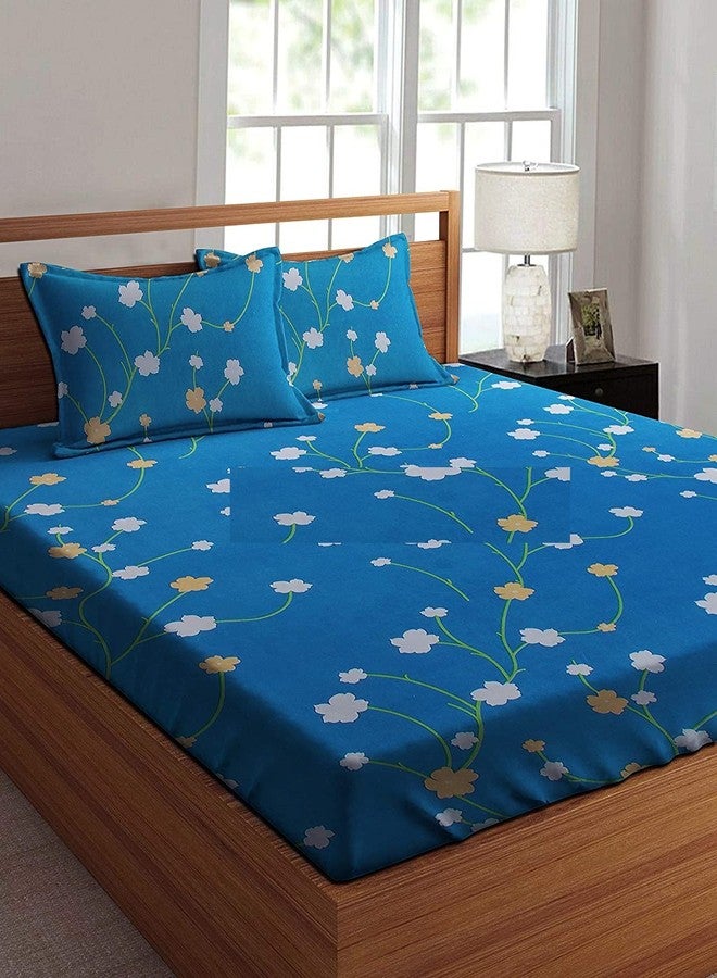 Avinya Cotton Feel Glace Cotton Elastic Fitted Printed Queen Size Double Bed Bedsheet with 2 Pillow Cover (72"x72"x6") (White Flower) - Image 1