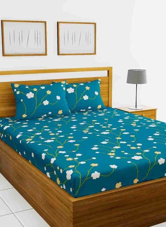 Avinya Cotton Feel Glace Cotton Elastic Fitted Printed Queen Size Double Bed Bedsheet with 2 Pillow Cover (72"x72"x6") (White Flower) - Image 2