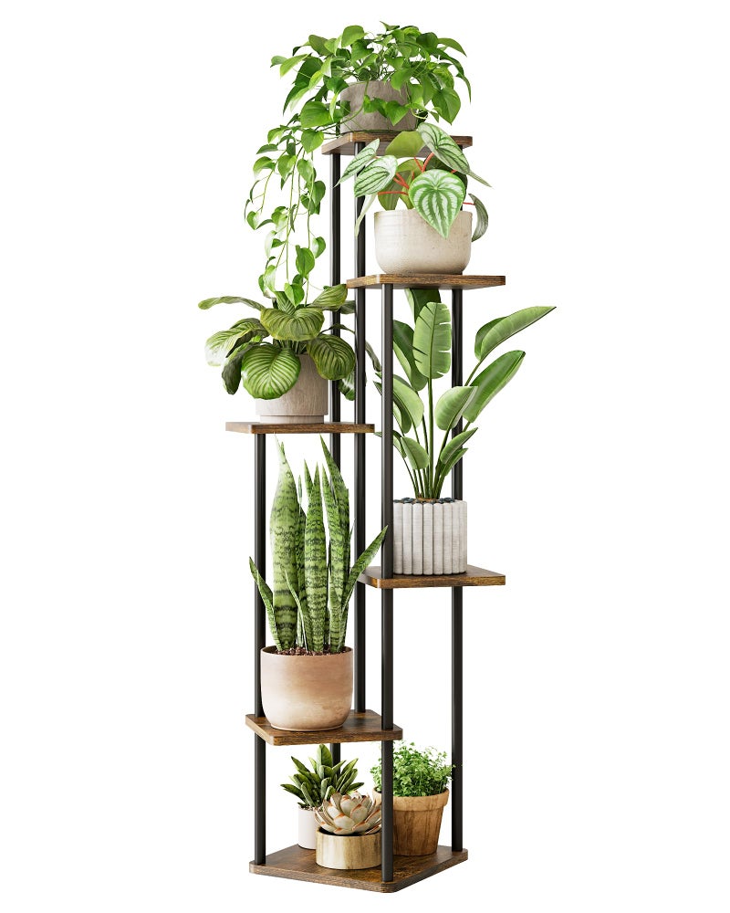 GENTINGBRO Corner Plant Stand Indoor 6 Tiered Tall Plant Stand Plant Shelf for Multiple Plants Coner Shelf Wood Plant Stands Metal Shelving for Living Room Bedroom Balcony Patio Brown Oak - Image 1