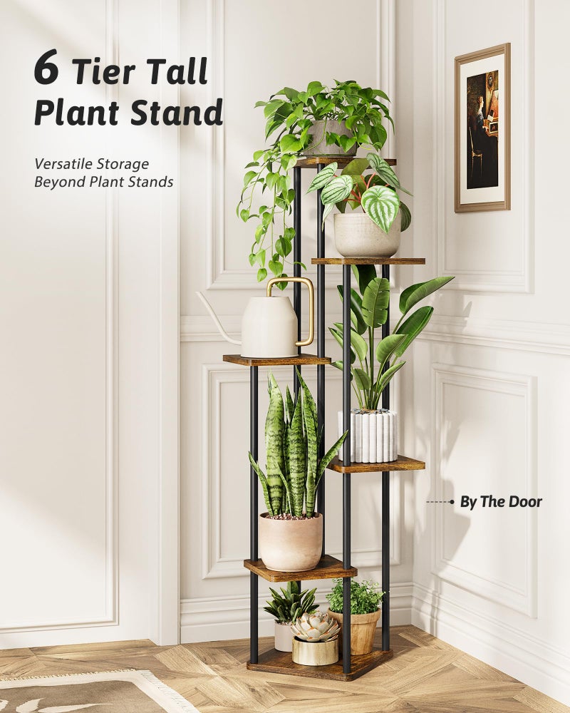 GENTINGBRO Corner Plant Stand Indoor 6 Tiered Tall Plant Stand Plant Shelf for Multiple Plants Coner Shelf Wood Plant Stands Metal Shelving for Living Room Bedroom Balcony Patio Brown Oak - Image 3