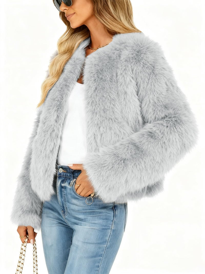 Funlingo Faux Fur Coat for Women Winter Warm Long Sleeve Cropped Jacket Trendy Zip Up Shaggy Outerwear Grey L - Image 3