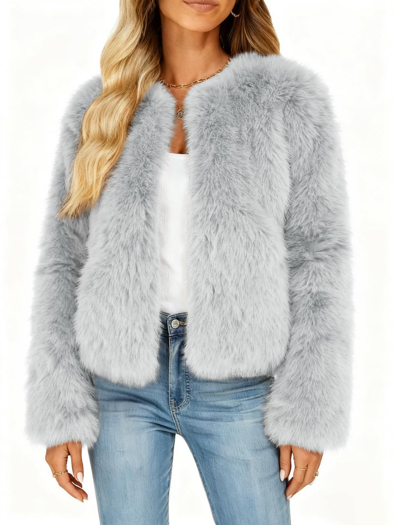 Funlingo Faux Fur Coat for Women Winter Warm Long Sleeve Cropped Jacket Trendy Zip Up Shaggy Outerwear Grey L - Image 2