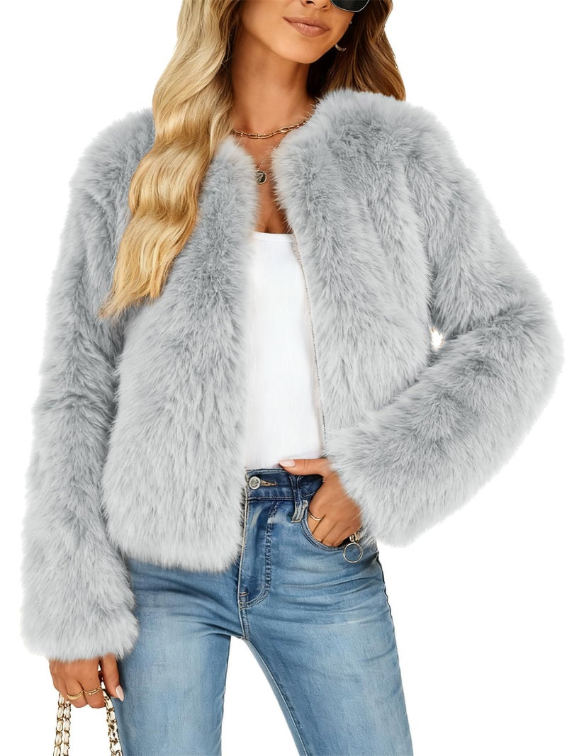Funlingo Faux Fur Coat for Women Winter Warm Long Sleeve Cropped Jacket Trendy Zip Up Shaggy Outerwear Grey L - Image 1