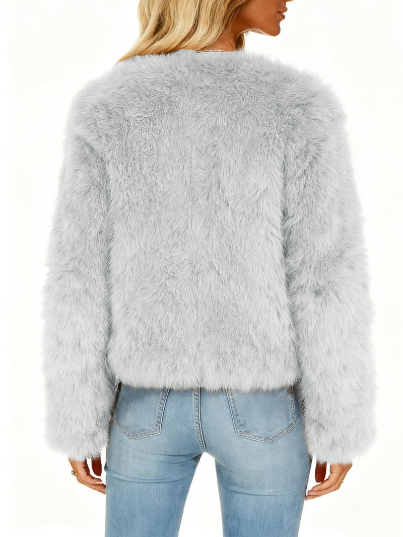Funlingo Faux Fur Coat for Women Winter Warm Long Sleeve Cropped Jacket Trendy Zip Up Shaggy Outerwear Grey L - Image 4