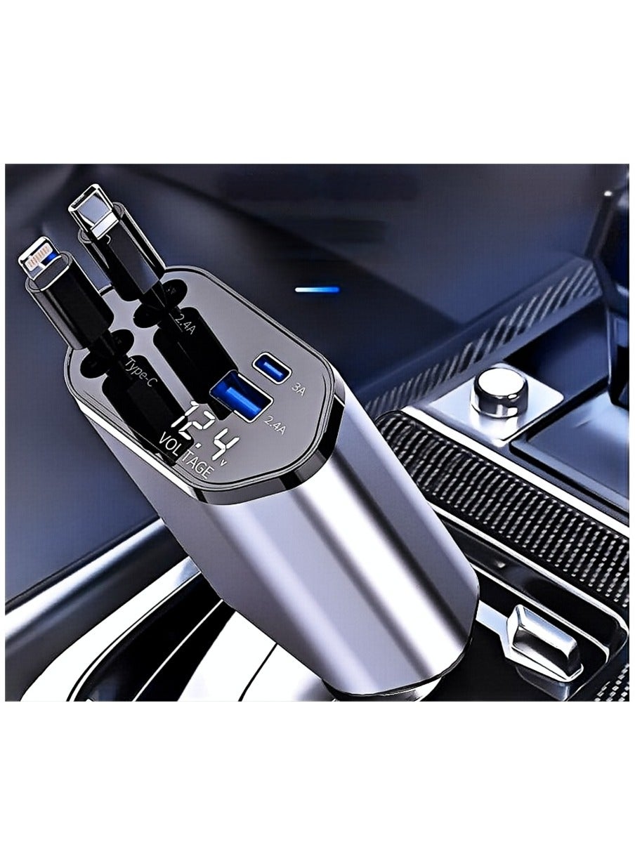 120W Car Charger, 4-In-1 USB Pd Car Charger Type C Fast Charging, Retractable Cable (31.5 Inch) And 2 Usb Ports Car Charger Adapter Type-C & Lightning Cables Compatible With Iphone and Type-C