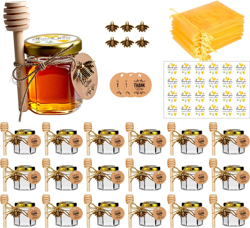 DnayDkiy Dnadkiy 20 Pack Glass Honey Jars With Dipper - Perfect Baby Shower Favors  Wedding & Party Favors - Honey Pot With Gold Lids  Bee Pendants  Jutes  Golden Gift Bags  And Thank You Cards - Image 1