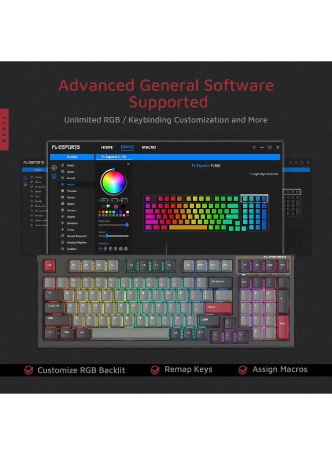 FL ESPORTS FL980 96%  RGB Gaming Mechanical Keyboard  Hot Swappable Kailh Box Red Switch - Programmable, Durable PBT Keycaps  - Image 4
