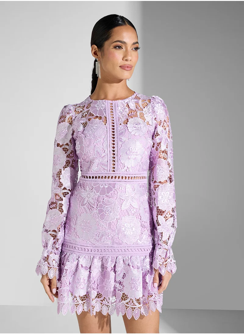 جاست مي Lace Trim Long Sleeve Mini Dress