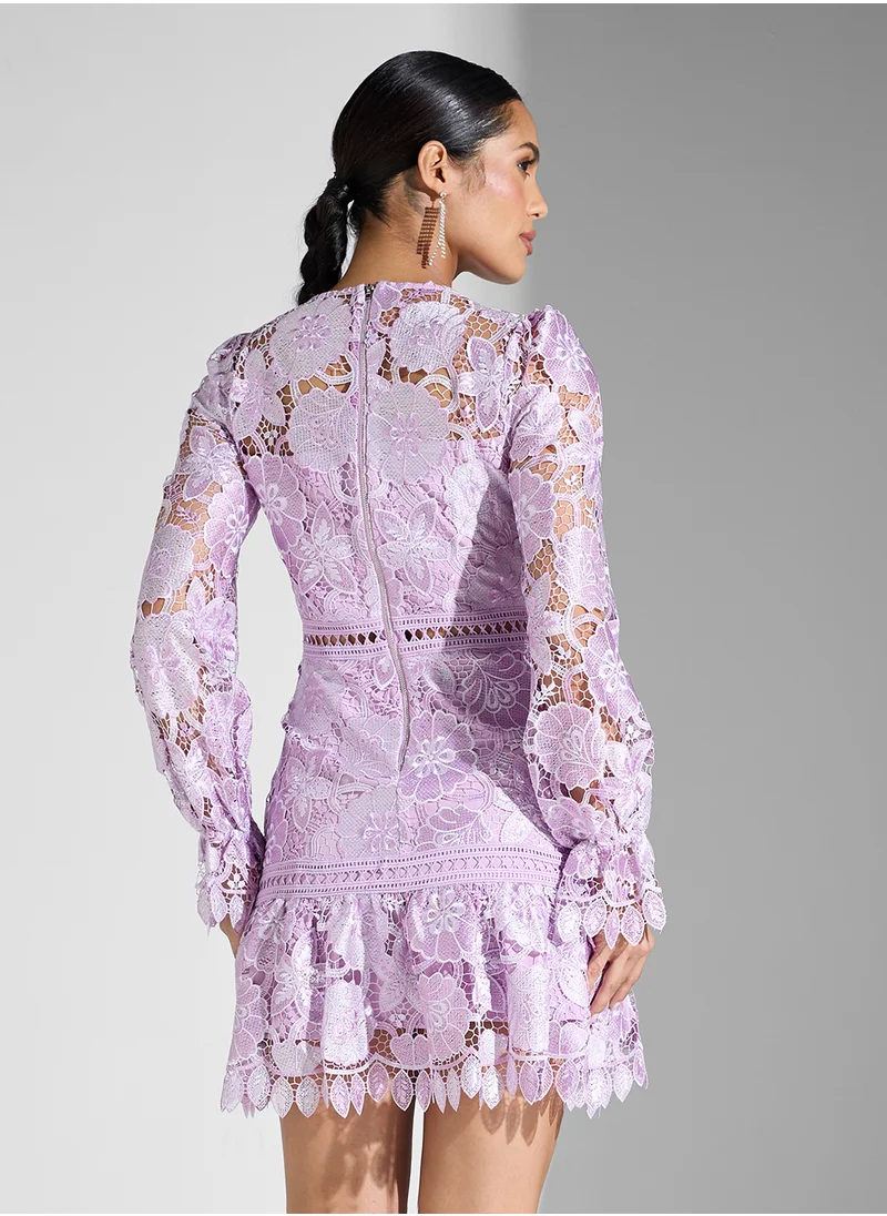 جاست مي Lace Trim Long Sleeve Mini Dress
