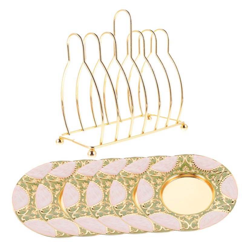 Zinc Alloy Cup Coaster Set With Rack For Coffee Tea Unique Table Ornament Home Kitchen Decor - Image 2