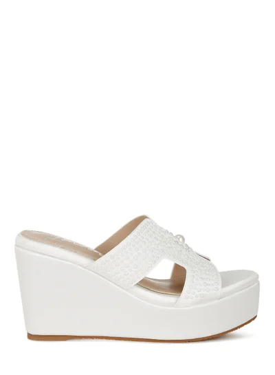 London Rag Satin Pearl Detail Wedge Sandals in White
