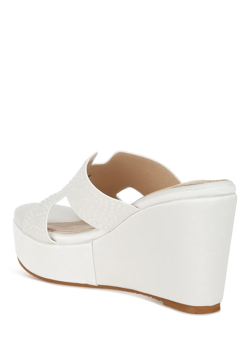 London Rag Satin Pearl Detail Wedge Sandals in White