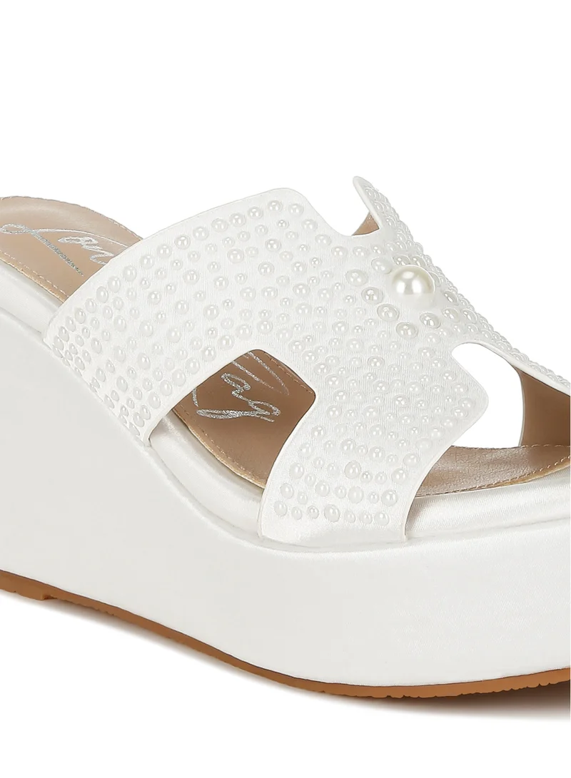 London Rag Satin Pearl Detail Wedge Sandals in White