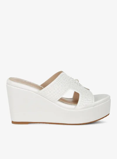 London Rag Satin Pearl Detail Wedge Sandals in White