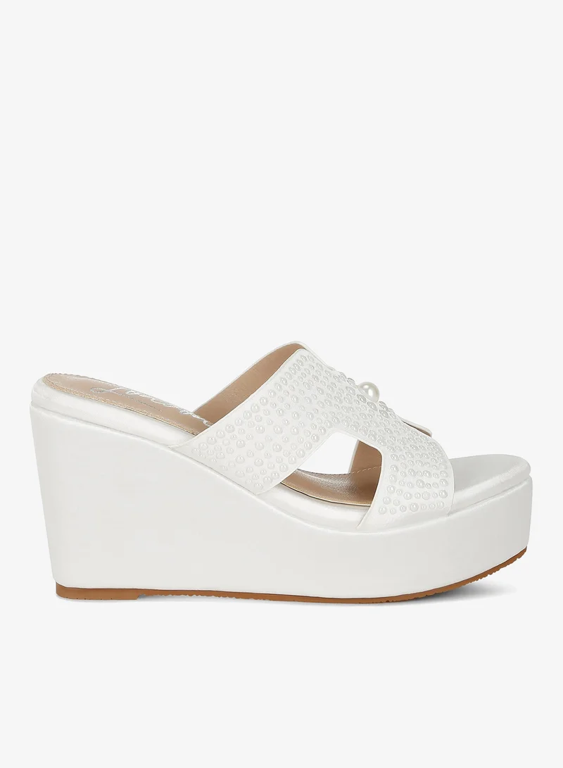 Satin Pearl Detail Wedge Sandals in White