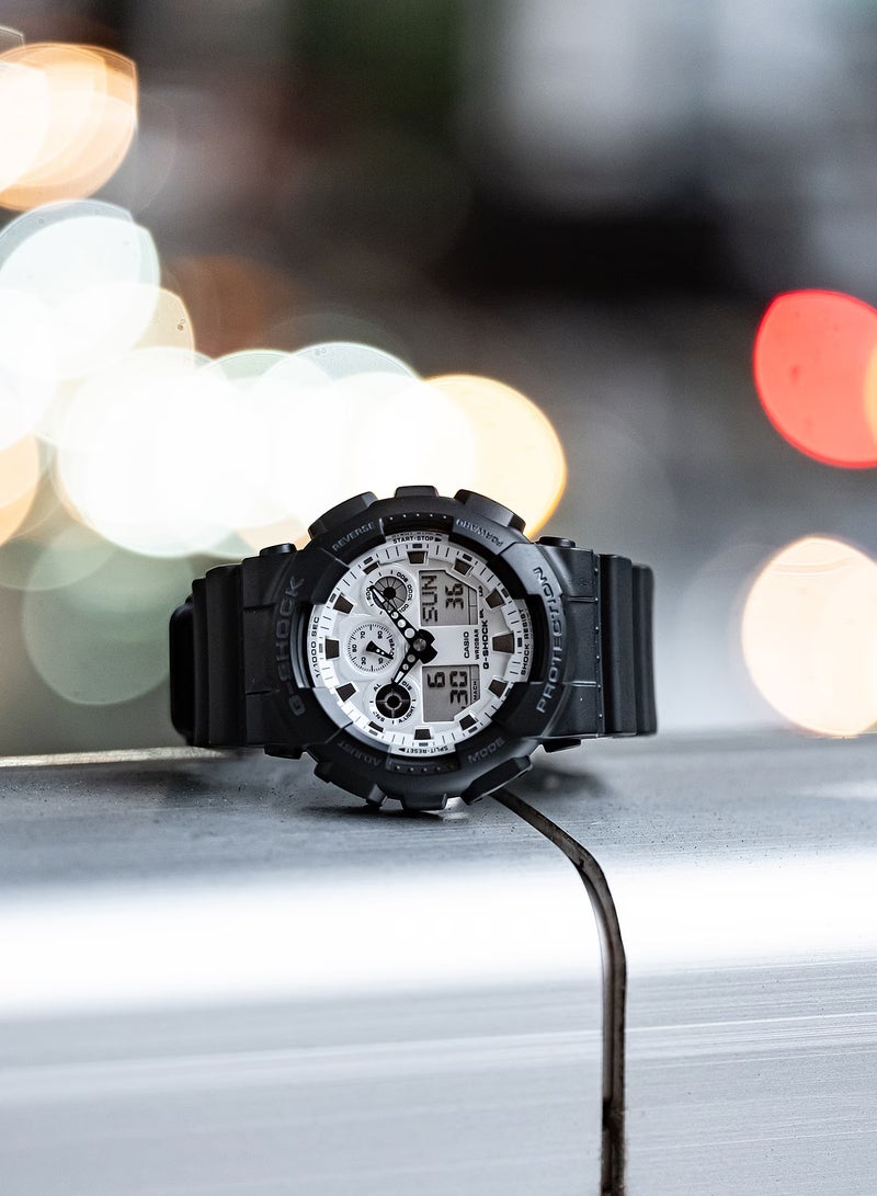 G-SHOCK Black and Brilliant White Dial Analog Digital Black Resin Band Men's Watch GA-100WD-1A - Image 3