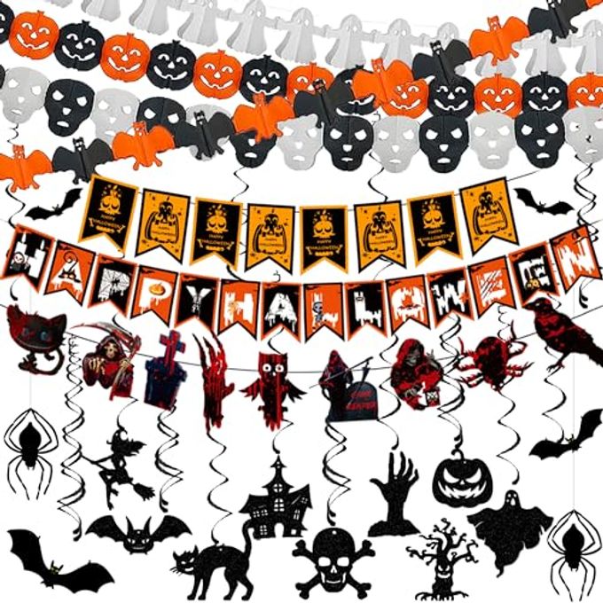 HALLOWEEN DECOR INDOOR HANGING SWIRL CEILING WALL PARTY DECOR WITH BATS SPIDERS PUMPKINS SKULLS GHOSTS BANNER HALLOWEEN DECORATIONS INDOOR OUTDOOR SUPPLIES