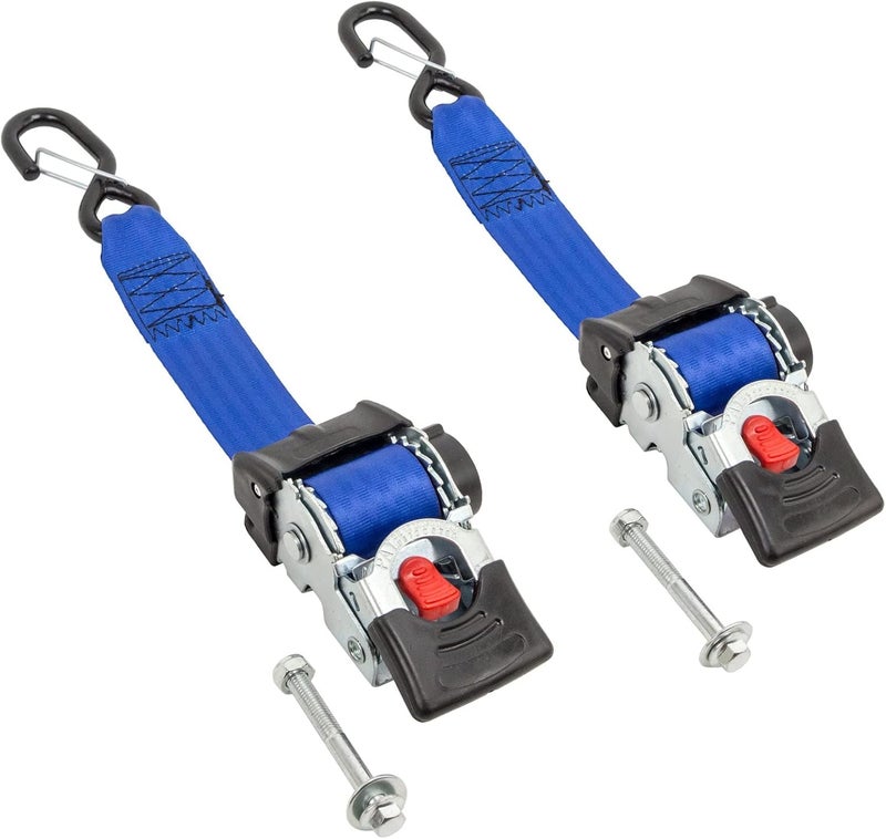 PowerTye - 2 inch x 6ft Long Retractable Ratchet Tie Down Strap with Mounting Bolt and Latch-Hook - Self-Retracting Ratchet, 800 lb W.L.L., Ideal for Motorcycle, ATV, Cargo, Boats, Blue (Pair) - Image 1