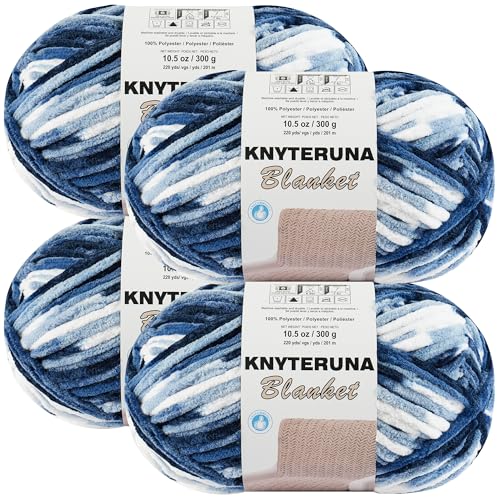 Knyteruna #6 Super Bulky Blanket Yarn for Crocheting - 4 Skeins(Each 10.5oz/300g, 220yds/201m), Chunky Chenille Thick Plush Big Soft Yarn for Crocheting Knitting Blankets, Multi Blue & White - Image 1