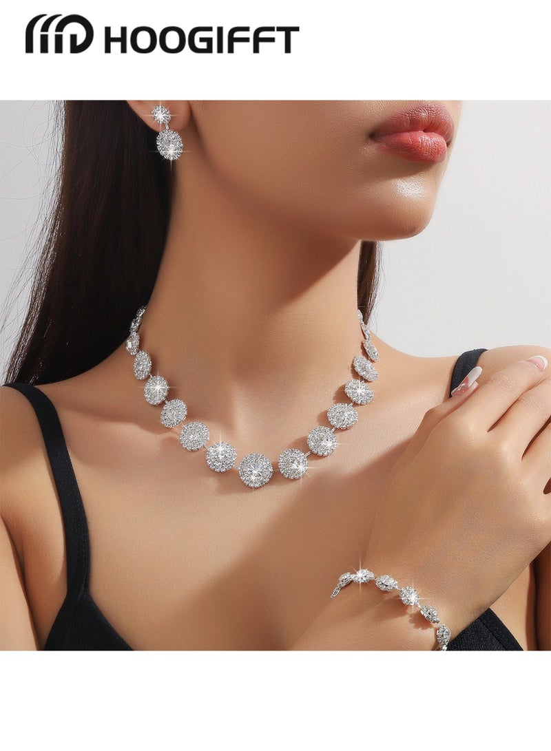 HOOGIFFT 4 Piece Jewelry Set of Necklace and Earrings Shiny Round Diamond Chic Rhinestone Decor Jewellery Set for Women Ladies Gift for Mother Wife Girlfriend Bridesmaids Wedding Party Accessories - Image 1