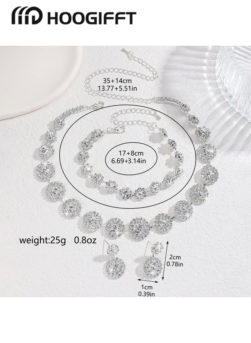 HOOGIFFT 4 Piece Jewelry Set of Necklace and Earrings Shiny Round Diamond Chic Rhinestone Decor Jewellery Set for Women Ladies Gift for Mother Wife Girlfriend Bridesmaids Wedding Party Accessories - Image 2