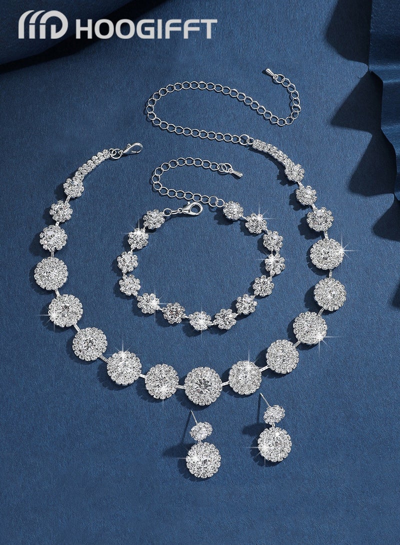 HOOGIFFT 4 Piece Jewelry Set of Necklace and Earrings Shiny Round Diamond Chic Rhinestone Decor Jewellery Set for Women Ladies Gift for Mother Wife Girlfriend Bridesmaids Wedding Party Accessories - Image 3