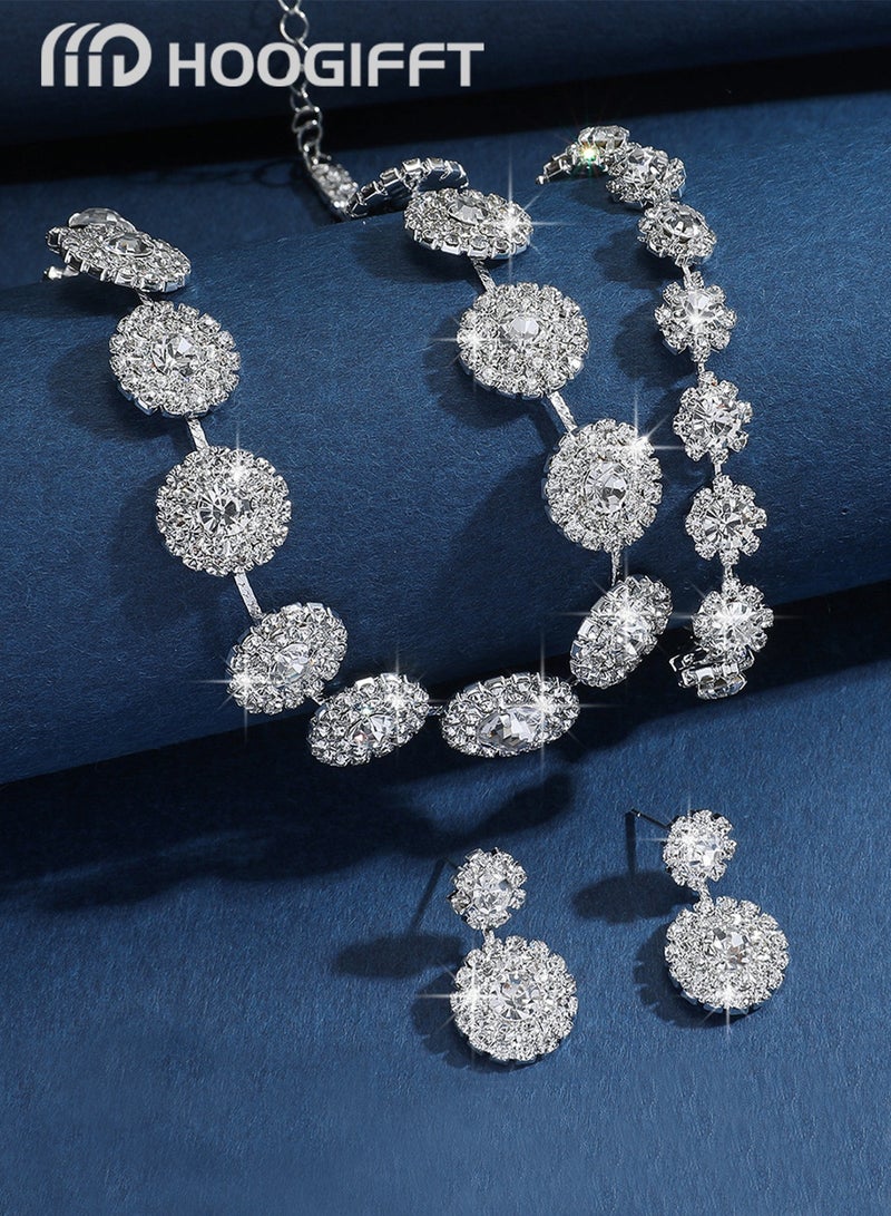 HOOGIFFT 4 Piece Jewelry Set of Necklace and Earrings Shiny Round Diamond Chic Rhinestone Decor Jewellery Set for Women Ladies Gift for Mother Wife Girlfriend Bridesmaids Wedding Party Accessories - Image 5