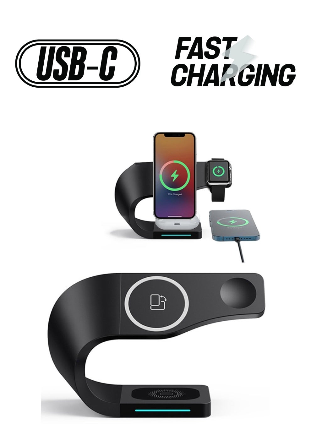 DMG TECH 4-in-1 Wireless Charging Station | Qi-Certified Fast Charger Dock for iPhone 15/14/13, Apple Watch & AirPods | USB-C Port – UAE Desk & Bedside Essential