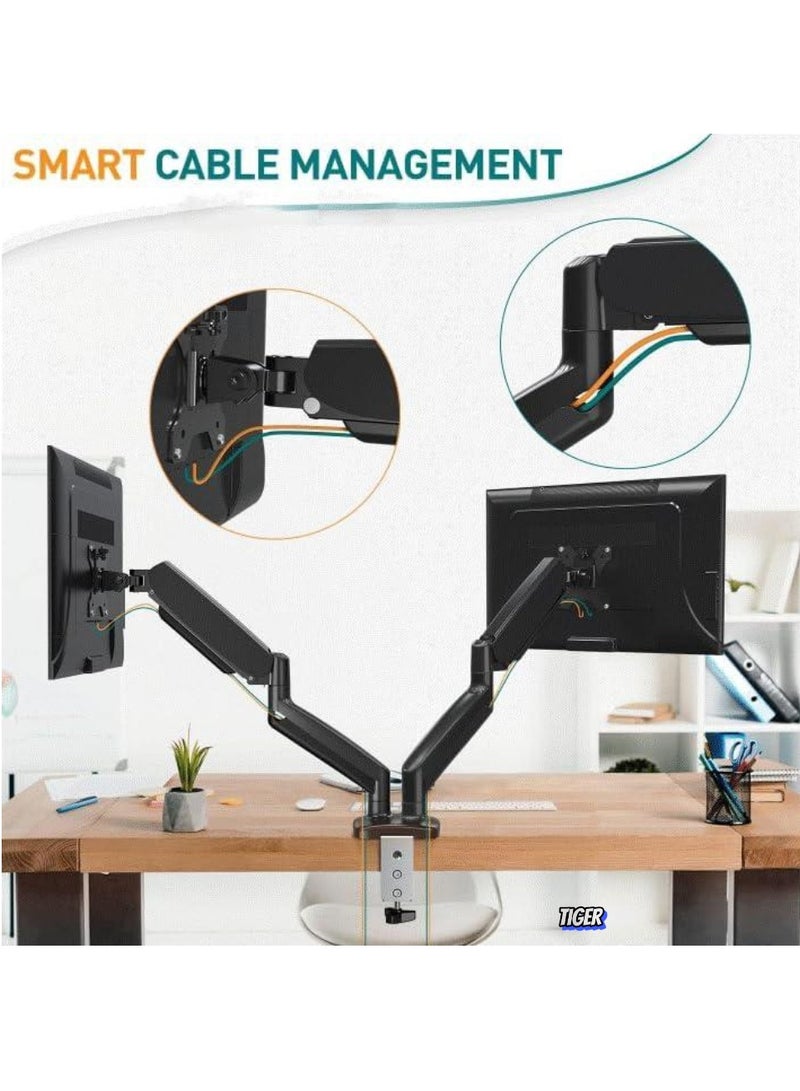 TIGER Dual Monitor Arm – Adjustable Gas Spring Ergonomic PC Monitor Stand for 13-32 Inch Monitors, VESA Compatible (75x75/100x100), with C-Clamp & Grommet Base  - Image 2