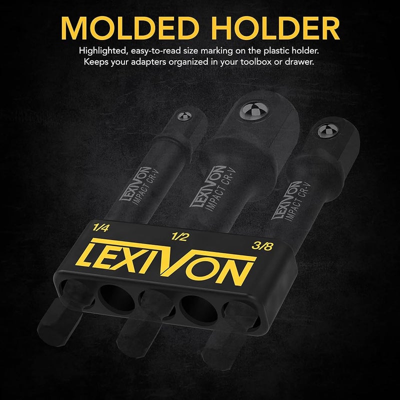 LEXIVON Impact Grade Socket Adapter Set, 3" Extension Bit With Holder 3-Piece 1/4", 3/8", and 1/2" Drive, Adapt Your Power Drill To High Torque Impact Wrench (LX-101) - Image 3