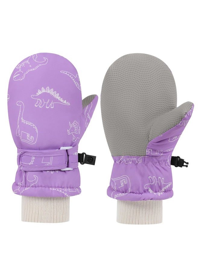 LPMOERA Toddler Mittens Waterproof Kids Winter Ski Gloves Baby Mittens for Boys Girls, Light Purple Dinosaur, M(4-7T) - Image 1